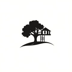 Silhouette of tree house on a hill.