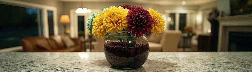 Wall Mural - A vibrant floral arrangement in a glass vase on a countertop in a cozy living space.