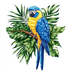 Wall Mural - A vibrant blue and yellow parrot perched on a branch surrounded by lush green leaves.