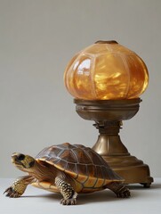 Poster - A decorative lamp with an amber shade beside a realistic turtle figurine.