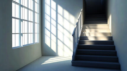 Fototapete - Modern Staircase in a Bright, Empty Room, A minimalist, sunlit interior scene featuring a white staircase, large window, and clean, empty room.