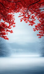 Wall Mural - Serene Winter Landscape with Red Leaves Framing Tranquil Snowy River Scene Under Soft Light