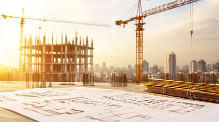 Modern construction site with building plans and cranes at sunset