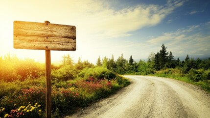 Wall Mural - Rustic wooden signpost marks a scenic, winding country road through a lush green landscape at dawn.