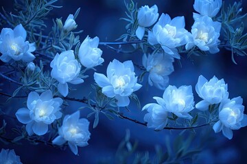 Wall Mural - A serene arrangement of glowing white flowers against a dark blue background.