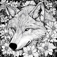 Wall Mural - Intricate illustration of a wolf surrounded by detailed floral patterns, drawn in black and white with expressive linework