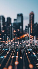 Poster - abstract data points and line graphs superimposed over a city skyline background