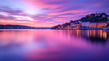 Sticker - Serene lake town at sunrise, pastel colors reflecting on water.