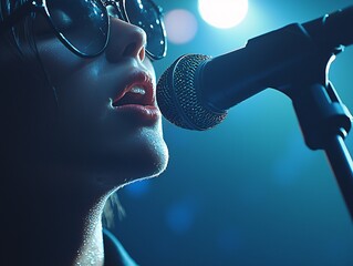 Poster - Close-up of a singerâ€™s intense expression during a live concert, sweat glistening under bright stage lights, immersive and vivid details