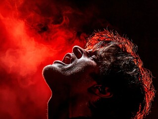 Poster - close-up of a singerâ€™s intense expression during a live concert, sweat glistening under bright sta