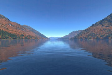 Wall Mural - A serene lake surrounded by mountains under a clear blue sky, reflecting nature's beauty.