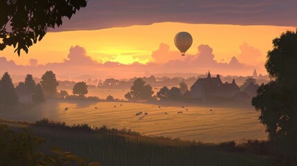 Wall Mural - Serene rural landscape at sunrise with hot air balloon. Golden hour view over a meadow with grazing animals, traditional houses and trees. Mist in the valley.