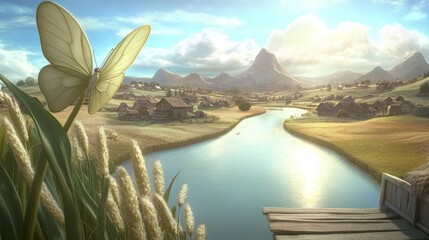 Wall Mural - Serene rural landscape with a flowing river, quaint wooden houses nestled among rolling hills, a light pale butterfly, and golden wheat fields. Sunlight bathes the picturesque scene.