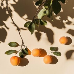 Wall Mural - Apricots and leaves cast shadows on a beige background.