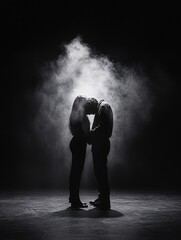 Poster - A gripping moment in a stage play, actors frozen in an emotional scene, dramatic shadows, high-definition realism