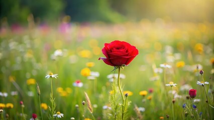 Wall Mural - A lone red rose blooming in a lush green meadow amidst wildflowers, floral, nature,  floral, nature, bloom