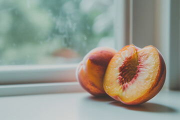 Wall Mural - A peach sliced open to reveal its vibrant interior, placed on a white surface.