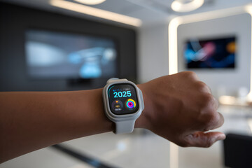 Fototapete - Businessman wearing smartwatch showing 2025 in futuristic office