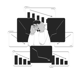 Poster - Stock market crisis doodle line illustration concept. Stressed middle eastern male entrepreneur contemplating falling business graphs 2D outline character isolated. Hand drawn ink drawing monochrome