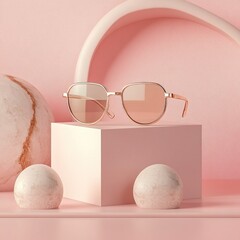 Wall Mural - Rose gold sunglasses on pink cube with marble spheres.