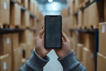 Poster - Woman using mobile phone in storehouse, checking goods or stock control