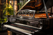 © Niko_Dali - A polished black grand piano sits majestically. Intricate details adorn the music rest. The setting suggests a sophisticated, possibly professional, environment. The keys invite musical expression.