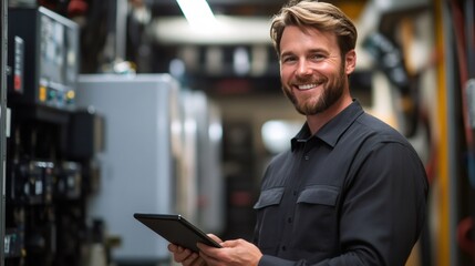 Poster - Smiling technician holding digital tablet, monitoring server room equipment