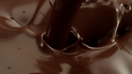 Poster - Super Slow Motion of Pouring Hot Melted Chocolate, Creating Waves Shapes, Filmed on High Speed Cinema Camera, 1000 fps. Camera in Motion. Extreme Macro Shot.