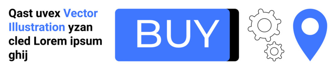 Buy button with blue background and white text, two gear icons, and a map pin. Ideal for e-commerce, navigation, technology, online shopping, location services, web development, user interface