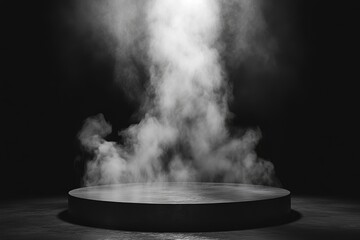 Aufkleber - Empty round podium with smoke illuminated by spotlight in dark studio
