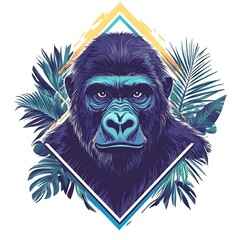 Wall Mural - Stylized gorilla illustration with tropical foliage.