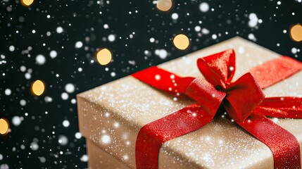 Poster - A beautifully wrapped gift box with a red ribbon, surrounded by falling snow and soft lights.