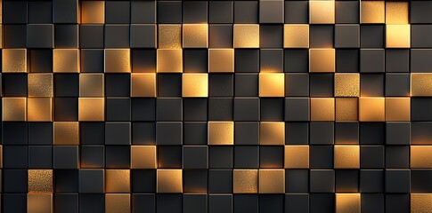 Poster - A modern texture featuring a blend of black and gold square tiles, creating a unique visual contrast. Ideal for backgrounds, wallpapers, or graphic design projects.