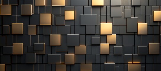 Poster - An abstract graphic featuring a textured wall with a pattern of golden and black squares. Ideal for modern design projects, wallpapers, and backgrounds.