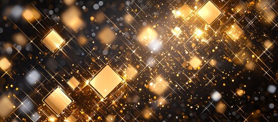Poster - A stunning abstract background featuring shimmering golden squares and sparkling lights on a dark backdrop, perfect for various design projects and festive themes.