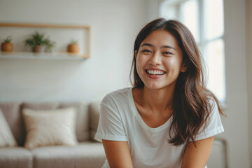 Portrait of happy Asian teenage in white t-shirt on blurred background of bright living room