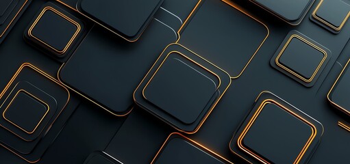 Poster - This abstract image features a collection of geometric shapes layered on a dark background, accented with orange outlines. Perfect for modern designs and digital projects.