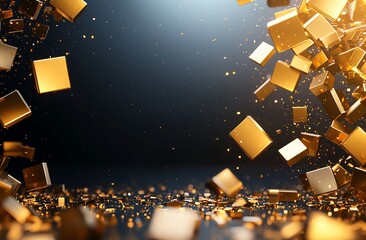 Poster - Dynamic composition of floating golden cubes, creating a visually stunning abstract scene. Ideal for tech and finance themes, symbolizing prosperity and innovation.