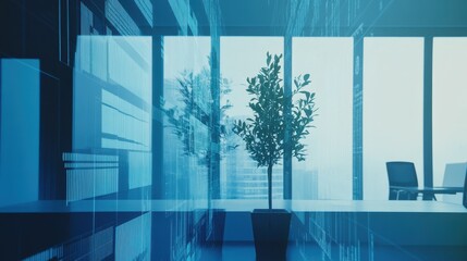 Poster - Modern Office Space with Futuristic Digital Overlay and Indoor Plant.