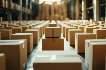Poster - Cardboard boxes sitting in organized rows in distribution warehouse