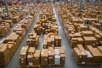 Poster - Cardboard boxes stacked high in distribution warehouse, logistics and freight transportation industry