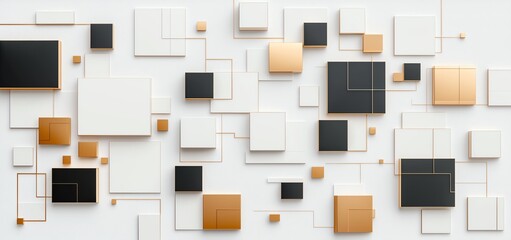 Poster - An abstract composition of geometric shapes featuring a mix of black, white, and gold squares, perfect for modern design projects and creative backgrounds.