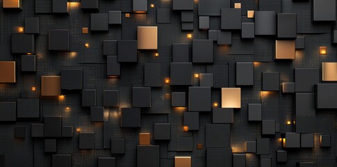 Poster - An abstract background featuring a dynamic arrangement of black and gold cubes. The interplay of light and shadow creates depth, making it ideal for modern design projects.
