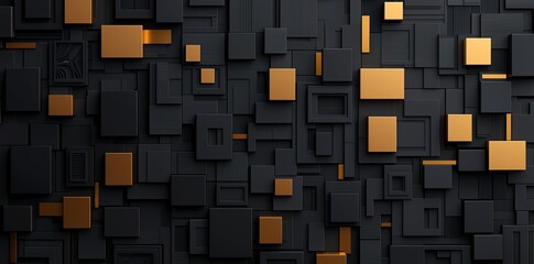 Poster - This abstract image features a dynamic arrangement of black and gold geometric shapes. Ideal for backgrounds, web design, or art projects that require a modern aesthetic.