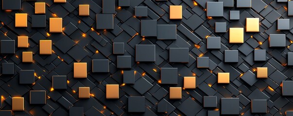 Poster - A modern abstract background featuring a dynamic arrangement of black and gold squares, creating a visually striking geometric pattern, perfect for design and digital art projects.