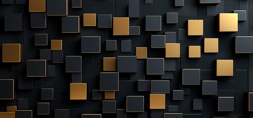 Poster - An abstract composition featuring a variety of geometric shapes, predominantly squares in black and gold tones, creating a modern and stylish visual appeal for design projects.