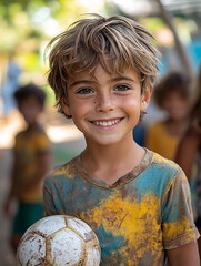 A 10-year-old Portuguese boy with short, messy hair, wearing casual clothes and smiling playfully.