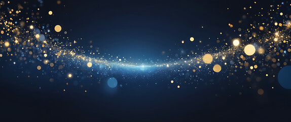 abstract glitter lights blue, gold and navy-blue bokeh background texture