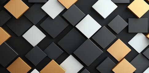Poster - Abstract pattern featuring a layered arrangement of squares in black, white, and gold tones, creating a modern, geometric design suitable for various creative projects.