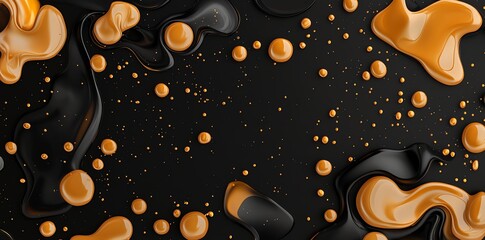 Poster - An artistic composition of fluid orange shapes interspersed with black and gold droplets against a dark background, perfect for modern design projects and abstract themes.